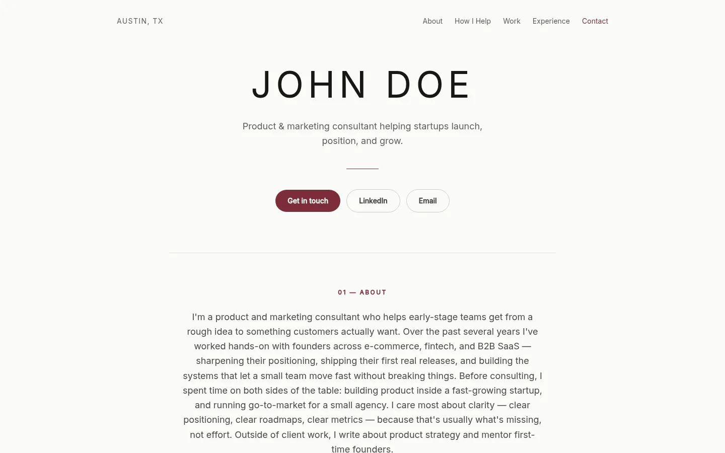 A finished Storypage personal website with a name, positioning statement, contact links, and an about section